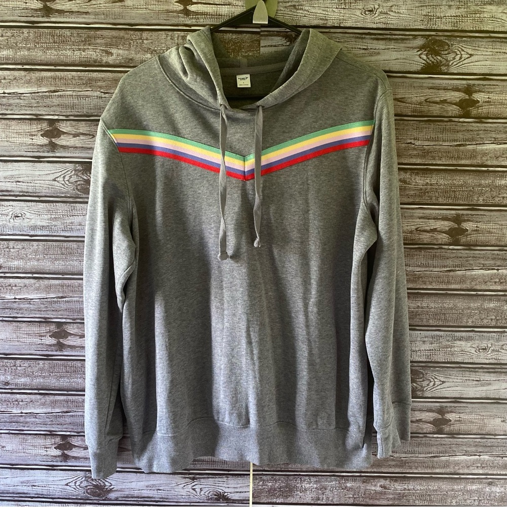 Old Navy Active Women's Hooded Sweatshirt Size L Gray Multi-Stripe Detail